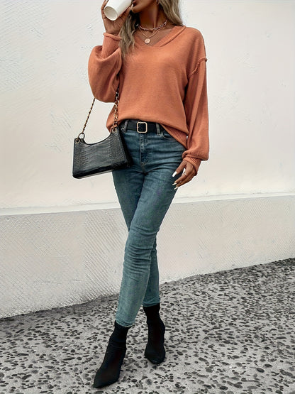 Women's Casual Long-sleeved Sweater Autumn And Winter New Loose V-neck Solid Color Warm Pullover Sweater Valentine's Day High-Quality Women's Sweaters & New Year Women's Outfits