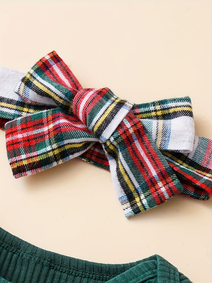 Baby Autumn And Winter Clothing Set Baby Girls 0-18 Months Romper And Plaid Strap Skirt And Headband, for Outdoor