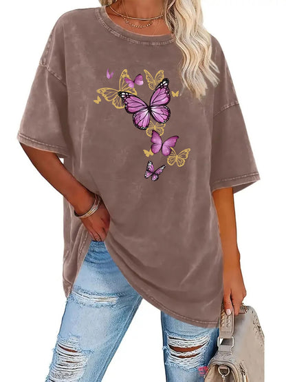 Women's Trendy Printed Retro Washed T-Shirt - 230g Thick, Retro Street Style Crew Neck Short Sleeve, Machine Washable, Perfect for Spring/Summer Casual Wear, Unique Loose Fit Women's T-Shirt