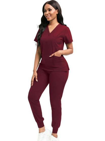 [Scrub Suit Set] Scrub Suit Set For Women Modern V-Neck Top T-Shirt & Tapered Leg Jogger Pants With Drawstring 2pcs Set Nursing Uniforms Set Suitable For Pet Hospitals, Dental Clinics, Nursing Work, Etc