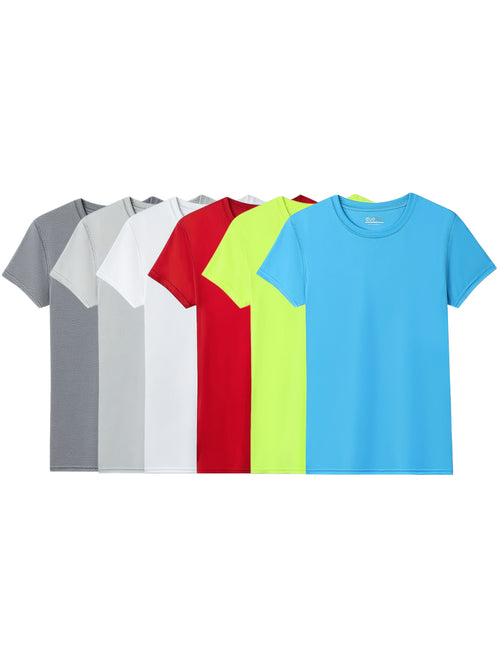 6pcs Women'S Quick Dry Crew Neck Short Sleeve T-Shirt, Moisture Wicking, 50+, White, Iron Gray, Silver Gray, Red, Fluorescent Green, Lake Blue Size S-2XL