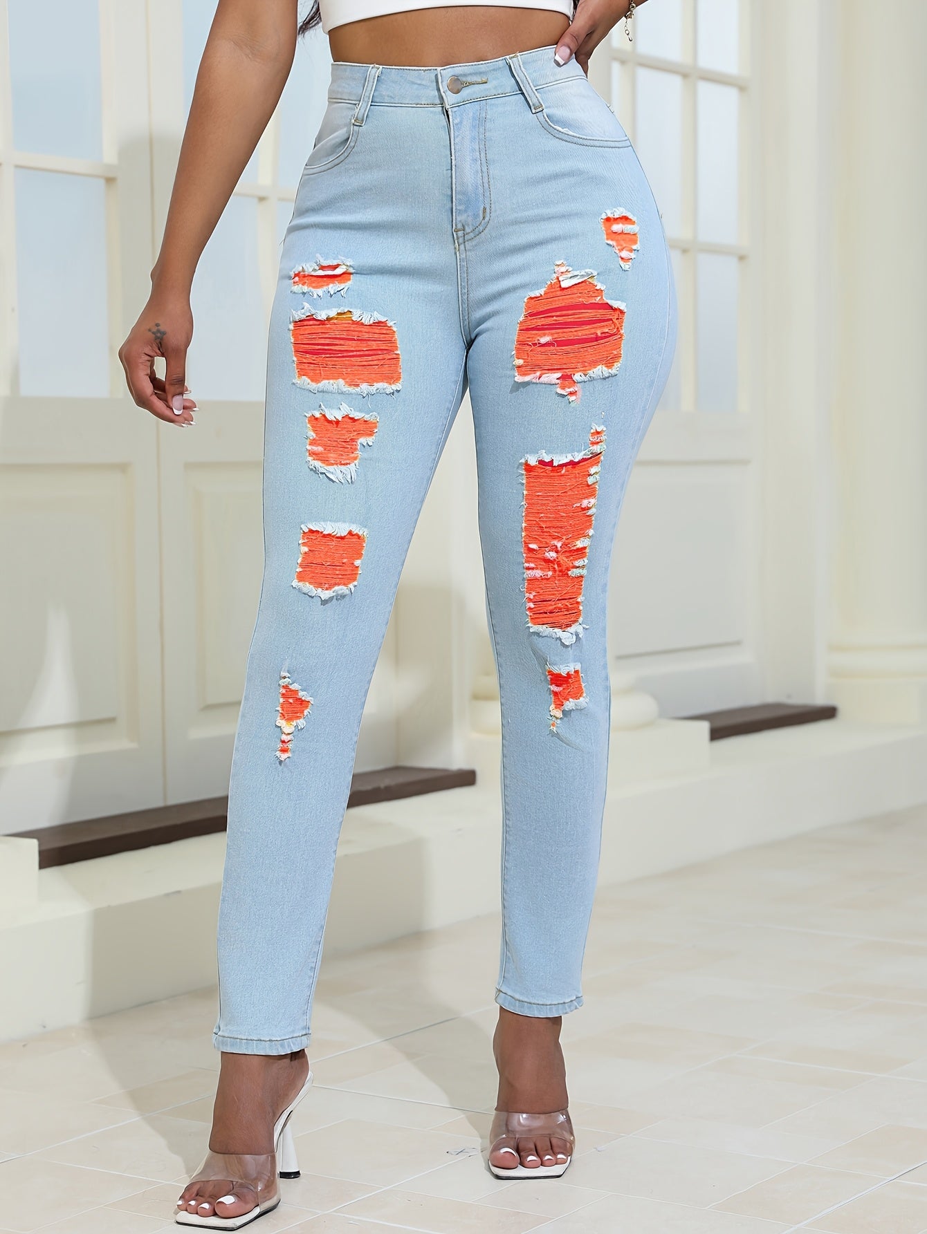 Women Distressed Jeans Women`S Waist Stretch Denim Pants Color Ripped Yellow Detail Skinny Jean for Women