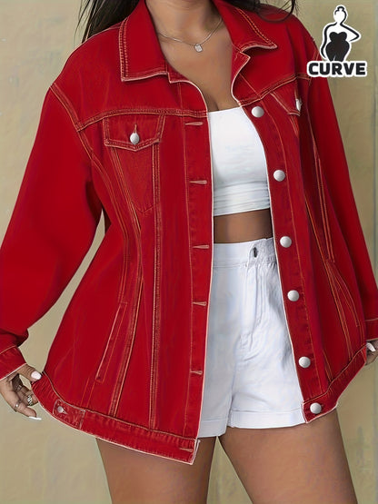 Plus Size Solid Color Collared Button-Front Denim Jacket - Women's Mature Stylish Street Casual Style Loose Fit Daily Comfortable Autumn Winter Plus Size Denim Top