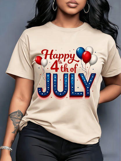 Plus Size - Plus Size - Plus Size - American Retro Style Happy 4Th of July Balloon Print Short-Sleeve T-Shirt, Fresh And Stylish, for Women, Spring And Summer, Casual And Versatile, Comfortable And Breathable, Machine Washable, Perfect for Home