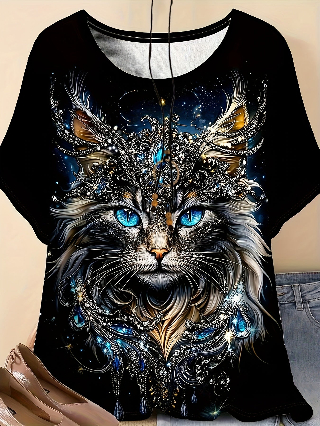 Plus Size, Plus Size Women's Casual Short Sleeve T-Shirt - 3D Majestic Cat with Cosmic Stars & Swirls Print, Lightweight Breathable Relaxed Fit Round Neck Summer Top, Machine Washable, Cat Tshirt