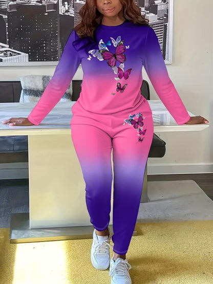 Plus Size, Ladies Casual Gradient Color Suit, Long Sleeved Pants Butterfly Print, Pants with Pockets