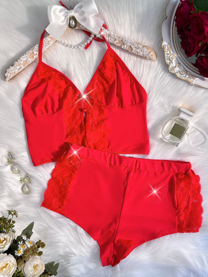 Spring/Summer New Gift Set: Solid Color Lace Trim Halter Neck Tie-Back Button-Up Open-Back Lace Trim Soft Skin-Friendly Sexy Home Sleepwear Set