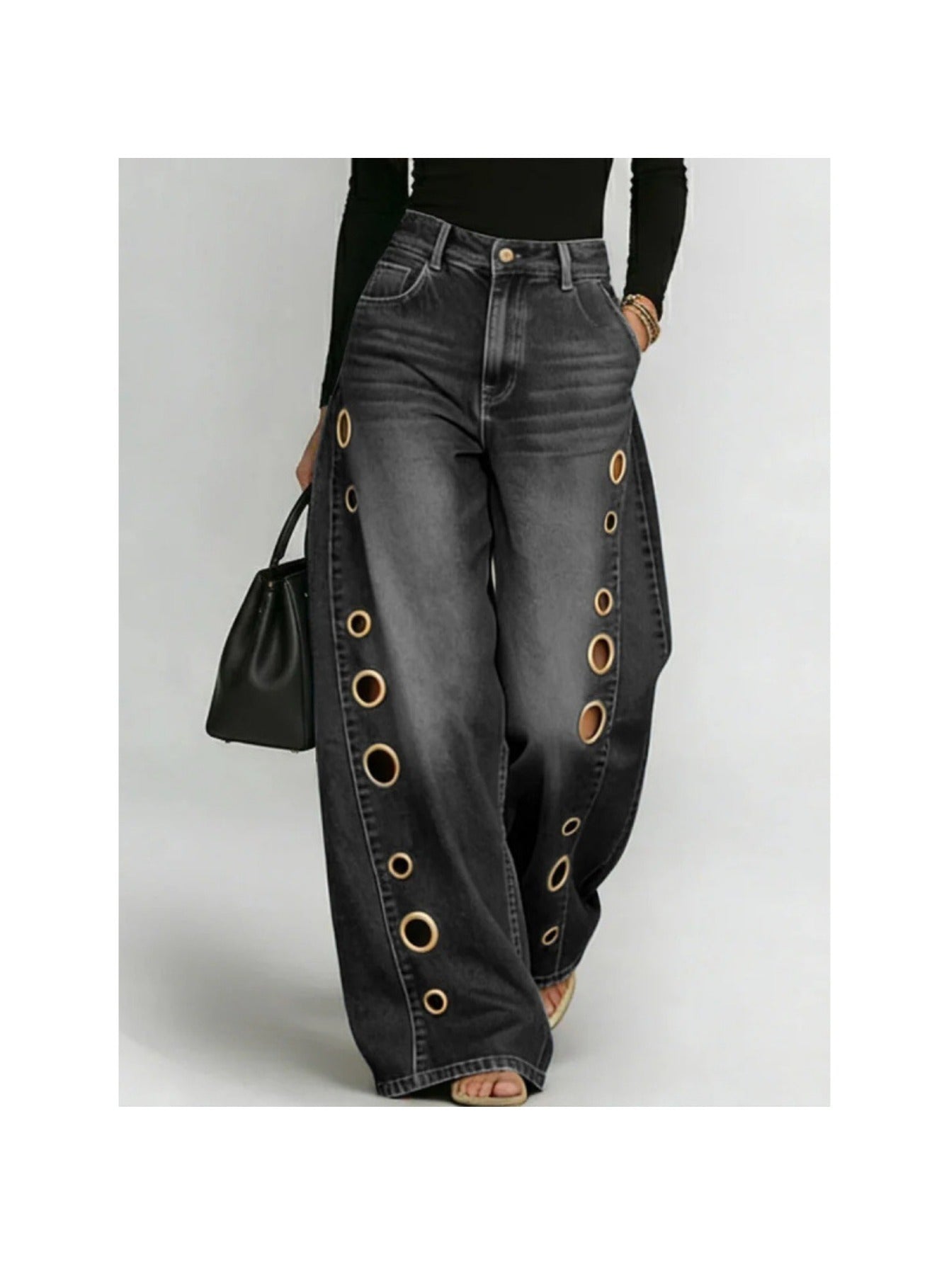 [Casual High-Waisted Jeans] New Women's Jeans 2026 with Metallic Eye Design - Casual Loose High-Waisted Wide Pants for Women