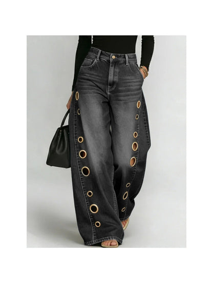 [Casual High-Waisted Jeans] New Women's Jeans 2026 with Metallic Eye Design - Casual Loose High-Waisted Wide Pants for Women
