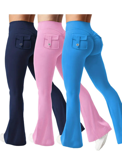 Women's Autumn Outfit 3pcs Set in Black, Gray, Green, and Black, Gray, Rose Red, Fashion Cargo Style Flared Pants, Women's Casual Flared Pants, High-Waisted Pocket Joggers, Cargo Style Peach Butt Pants, Quick-Dry Tummy Control Hip Lifting Long Flared