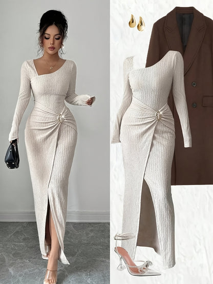 Women'S Solid Color Twisted Split Maxi Dress Asymmetrical Neck Slim Bodycon Fall Winter Elegant Fashion Dress