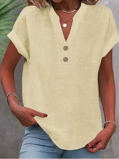 ZOELNIC Women's V-Neck Button-Front Placket T-Shirts - Short Sleeve Casual Summer Tops, Breathable Daily Wear Shirts Suitable for Spring/Summer, Solid Color Casual Wear, Machine Washable (No)