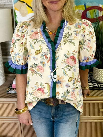 Women's Summer New Casual Loose Fashion Color Blocked Pleated V-neck Printed Top Fabric Soft and Comfortable, Versatile for Daily Use