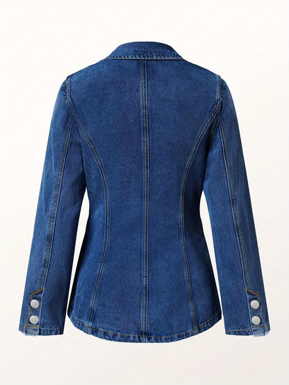 [Chic Tailored Denim Jacket] Comfortable Classic Women's Long Sleeve Denim Jacket - Solid Color, Regular Fit with Stretch - Perfect for Fall/Winter Casual Wear