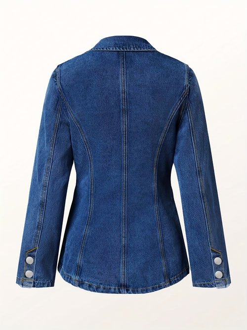 [Chic Tailored Denim Jacket] Comfortable Classic Women's Long Sleeve Denim Jacket - Solid Color, Regular Fit with Stretch - Perfect for Fall/Winter Casual Wear
