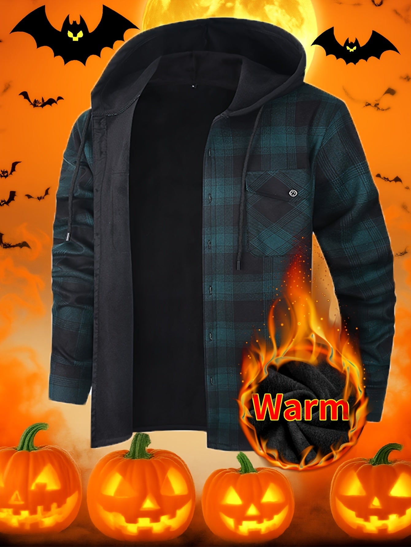 Men's Hooded Heavy Winter Jacket - Plaid Shirt Jacket, Plaid Workwear, Long Sleeves with Pockets, Hand Washable, Suitable for Logging, Activities - Cold Weather Casual Wear, Men's Winter Outerwear, Men's Jacket, Halloween/Christmas Costume