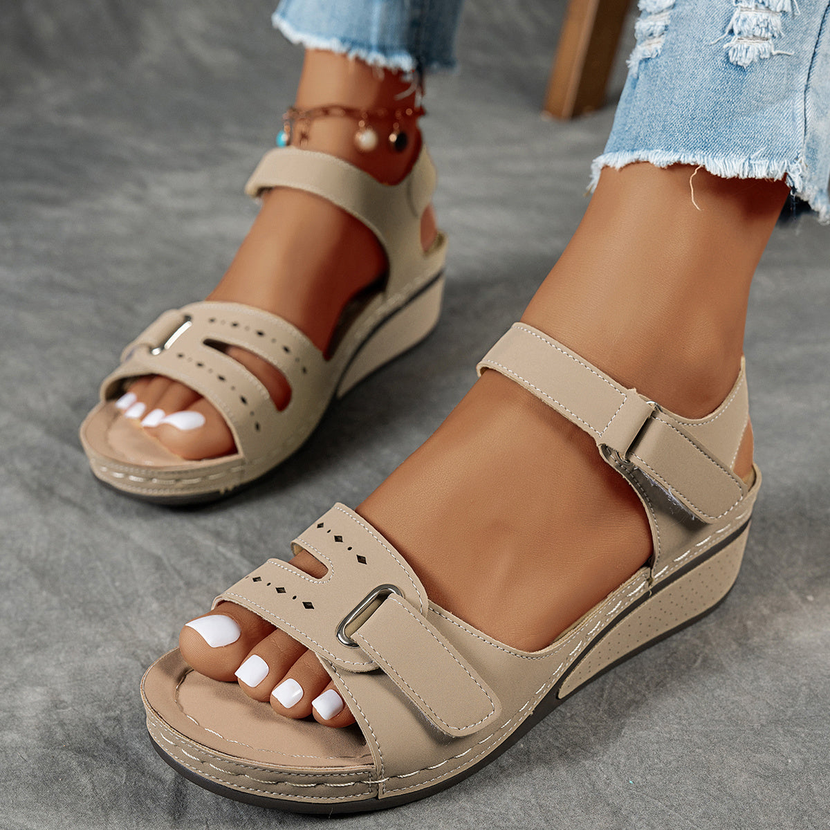 Women'S Wide Width Wedge Sandals Summer New Style, Fashionable And Versatile, Lightweight And Comfortable, Thick Soled, Magic Tape, Exposed Toe Women'S Shoes