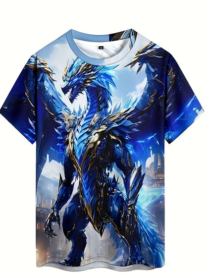 Wuwei Mechanical Blue Dragon 3D Pattern Printed Men's Graphic T-Shirt Comfort T-Shirt, Short Sleeve Pullover, Men's Summer Outdoor Clothing