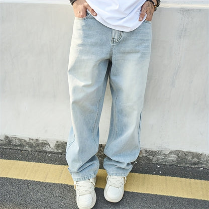 Trendy Solid Color Wide-Leg Straight Denim Jeans for Men, Inspired by Retro Casual Styles from Hong Kong