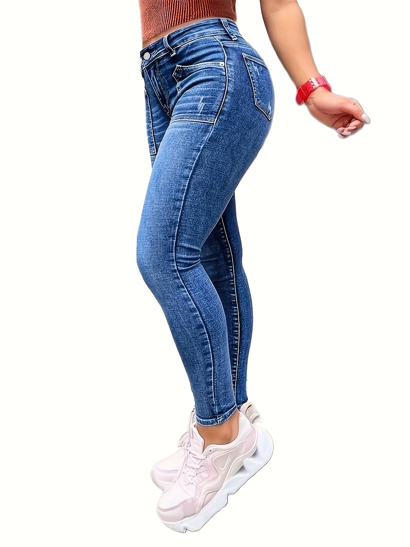 Women's Mid-High Waist Stretch Jeans - Slimming Butt Lifting Fit, Machine Washable Casual Denim Pants, All-Season Skinny Leggings for Everyday/Formal Wear