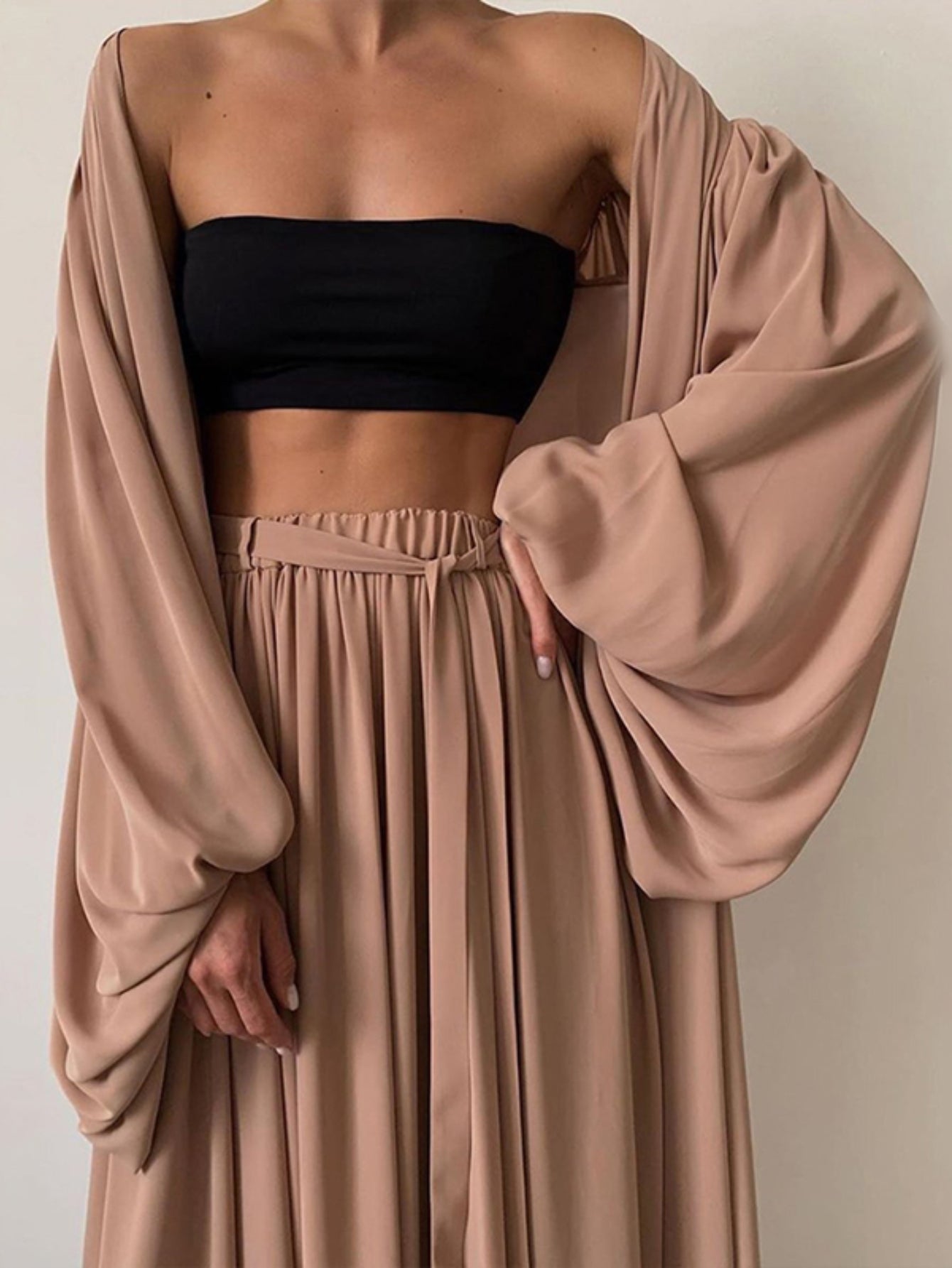 Women's Solid 3pcs Set: Lantern Sleeve Long Cardigan, Short Tube Top, and Wide Leg Drawstring Trousers - Spring/Summer Fashion Flowy Outfit, Tube Top, Wide Leg Pants, Vacation Outfit, Beach Resort, Summer Matching Set