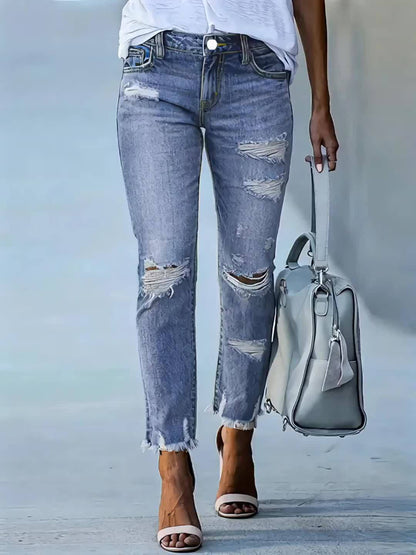 Plus Size Women's Blue Distressed Washed Denim Jeans | Multiple Rips & Destroyed Hem | Slim Fit, Unique Design | Versatile Stylish Style for All-Season Commuting