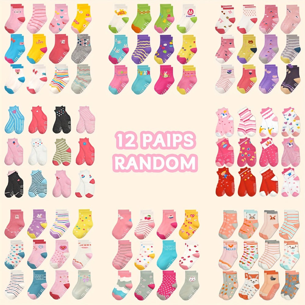 Kids' Assorted Non-Slip Crew Socks - 12/24-Pair Options