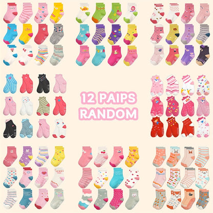 Kids' Assorted Non-Slip Crew Socks - 12/24-Pair Options