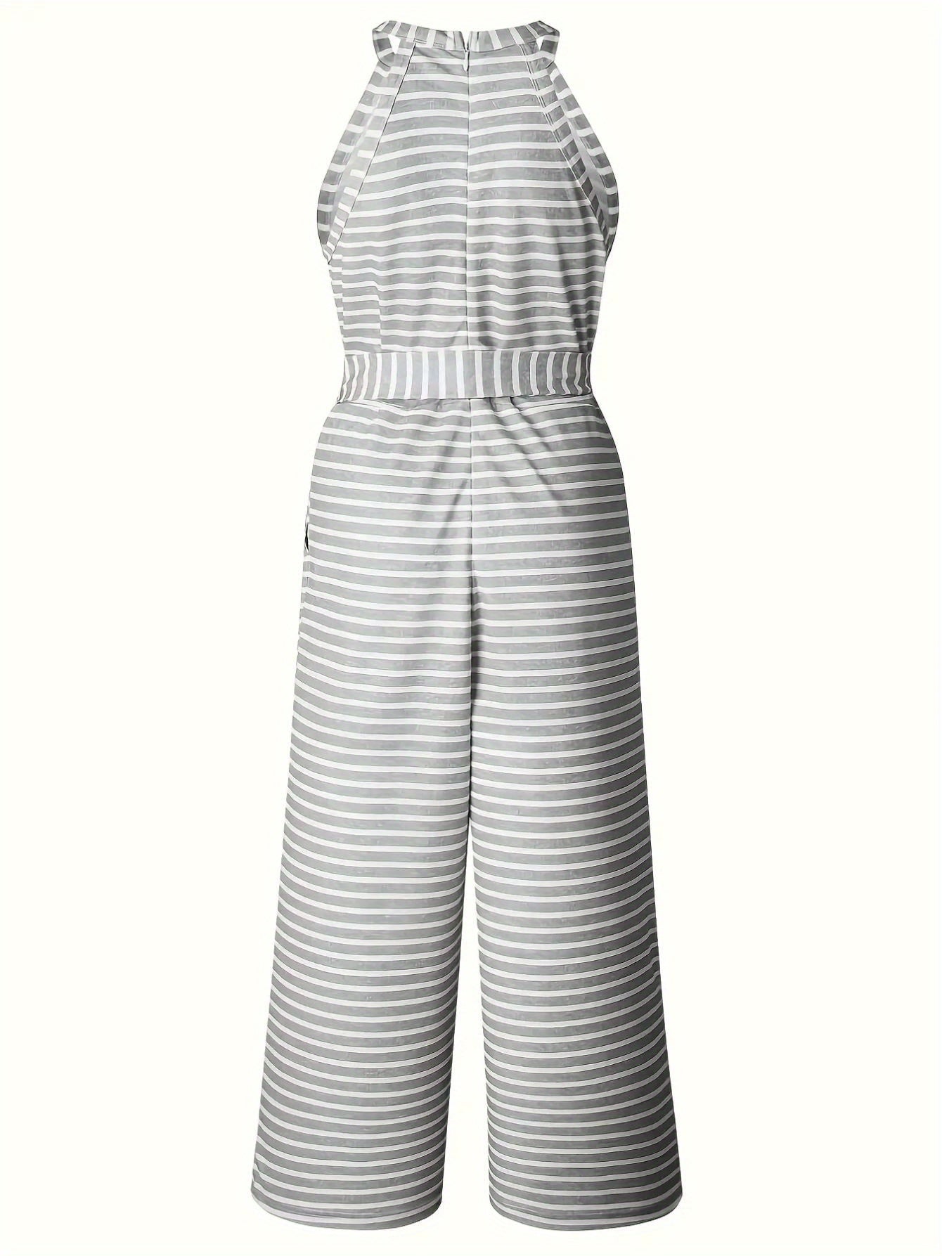 Women'S Striped Sleeveless Tank Top Jumpsuit with Belt - High-Waisted Wide-Leg Pants, Machine Washable, Summer Vacation Style, Black & White Vertical Stripes, Loose Fit for Casual Outings, Summer Outfit | Decorative Bow Belt | Comfortable Wear