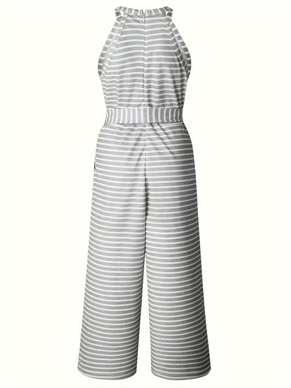 Women'S Striped Sleeveless Tank Top Jumpsuit with Belt - High-Waisted Wide-Leg Pants, Machine Washable, Summer Vacation Style, Black & White Vertical Stripes, Loose Fit for Casual Outings, Summer Outfit | Decorative Bow Belt | Comfortable Wear