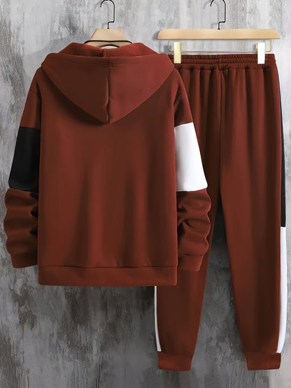 Men'S Clothing, Contrasting Long-Sleeve Zip-Up Hooded Jacket And Drawstring Pants Two-Piece Set for The Outdoors