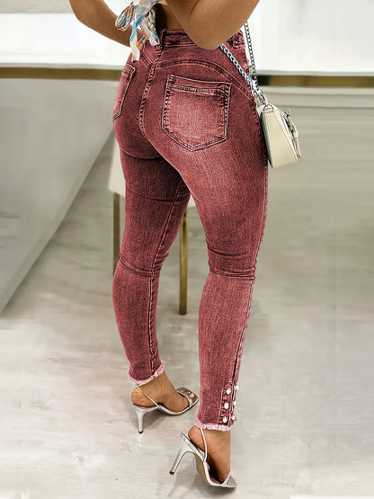 Ladies' High Waisted Washed Distressed Visual Lifting Buttocks Slim Fit Pants with Edge Hair, Pearl Diamond Single Breasted Jeans