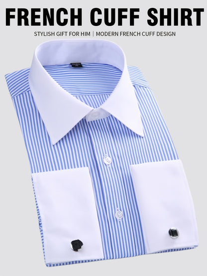 2026 French Cuff Dress Shirt 1pc For Men With FREE Random Cufflinks Set - Luxury Formal Wedding Shirt, Business Office Elegant Attire