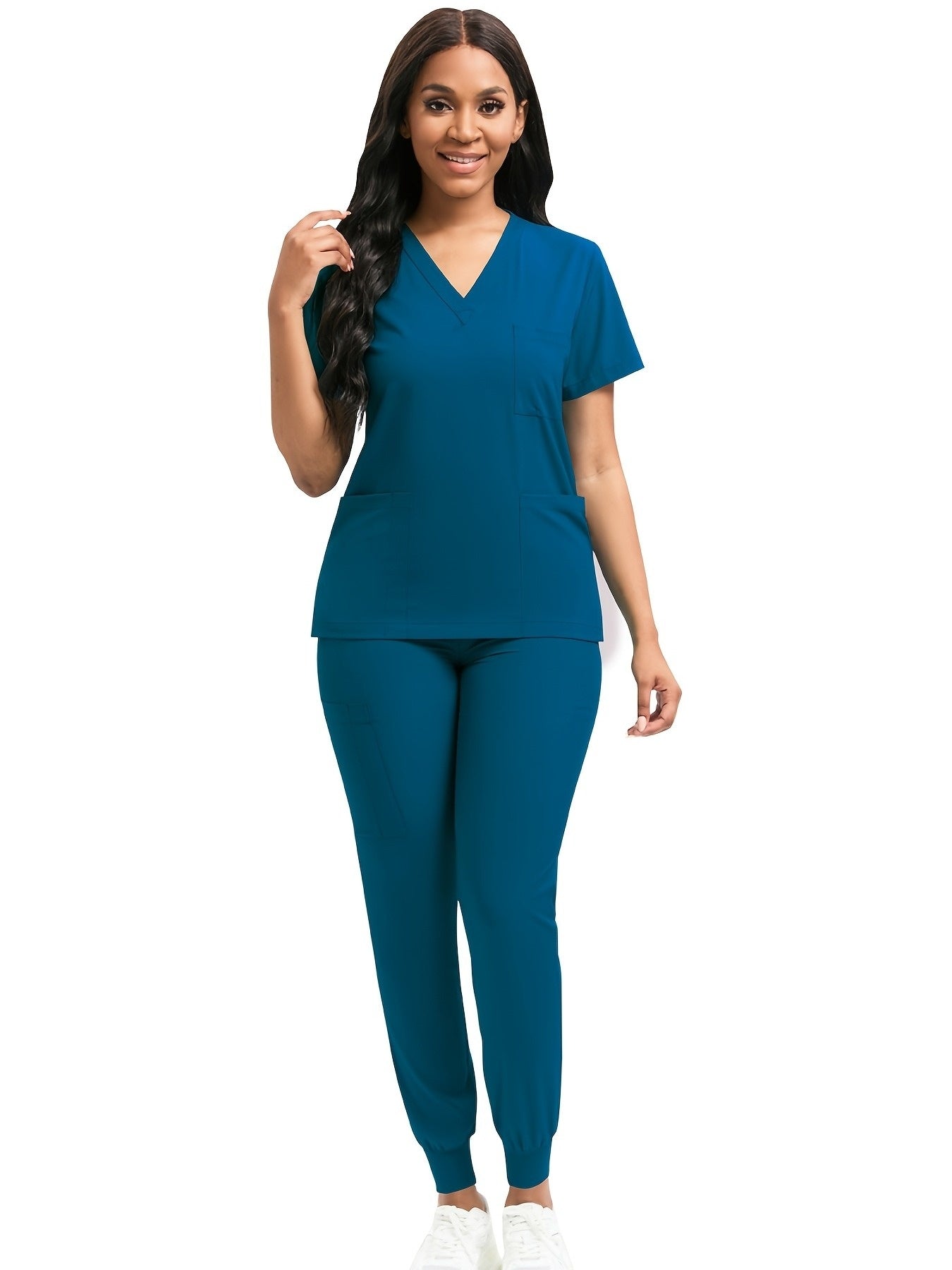 [Scrub Suit Set] Scrub Suit Set For Women Modern V-Neck Top T-Shirt & Tapered Leg Jogger Pants With Drawstring 2pcs Set Nursing Uniforms Set Suitable For Pet Hospitals, Dental Clinics, Nursing Work, Etc