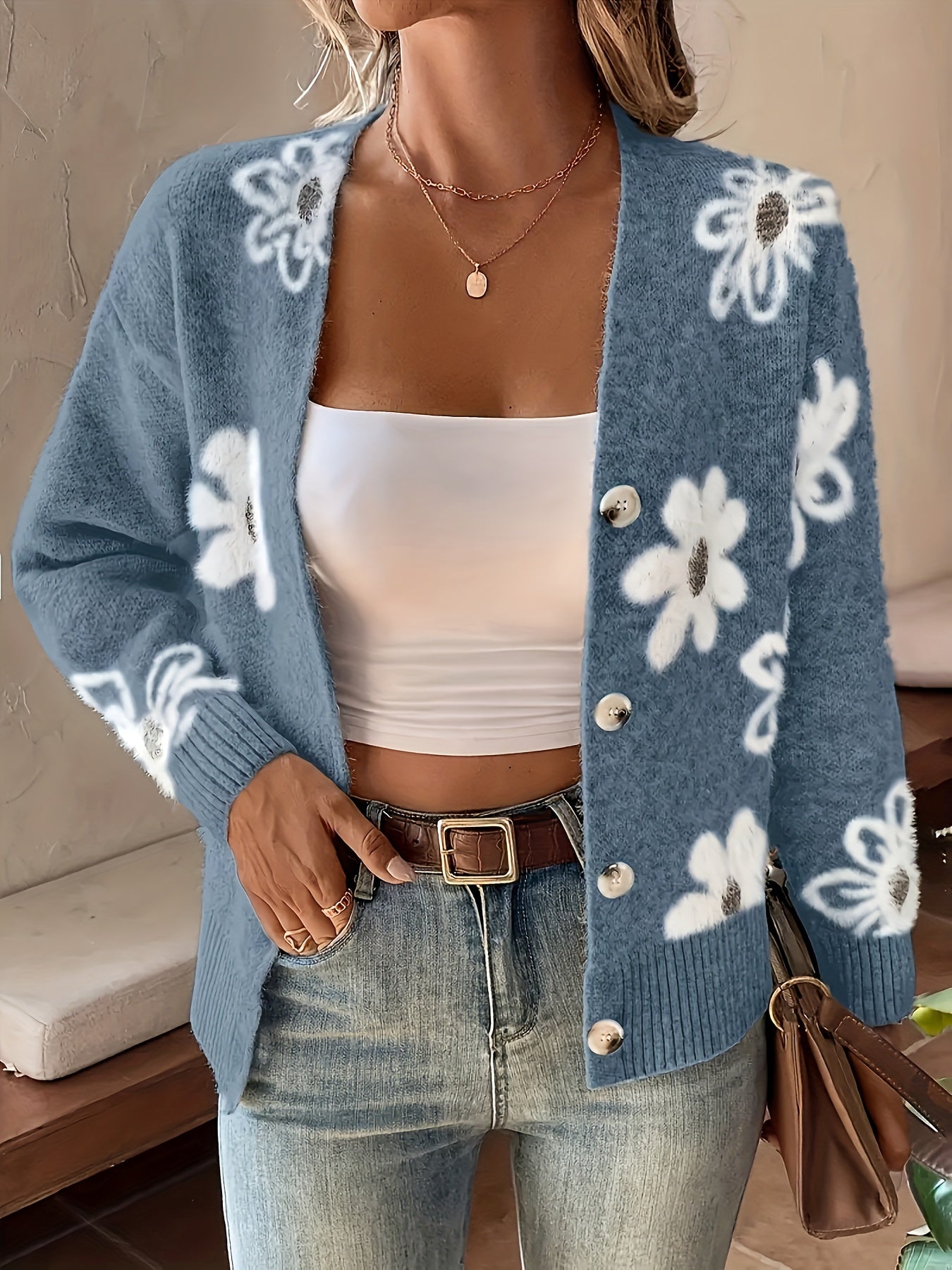 Women's Printed Button Cardigan V-neck Drooping Shoulder Coat