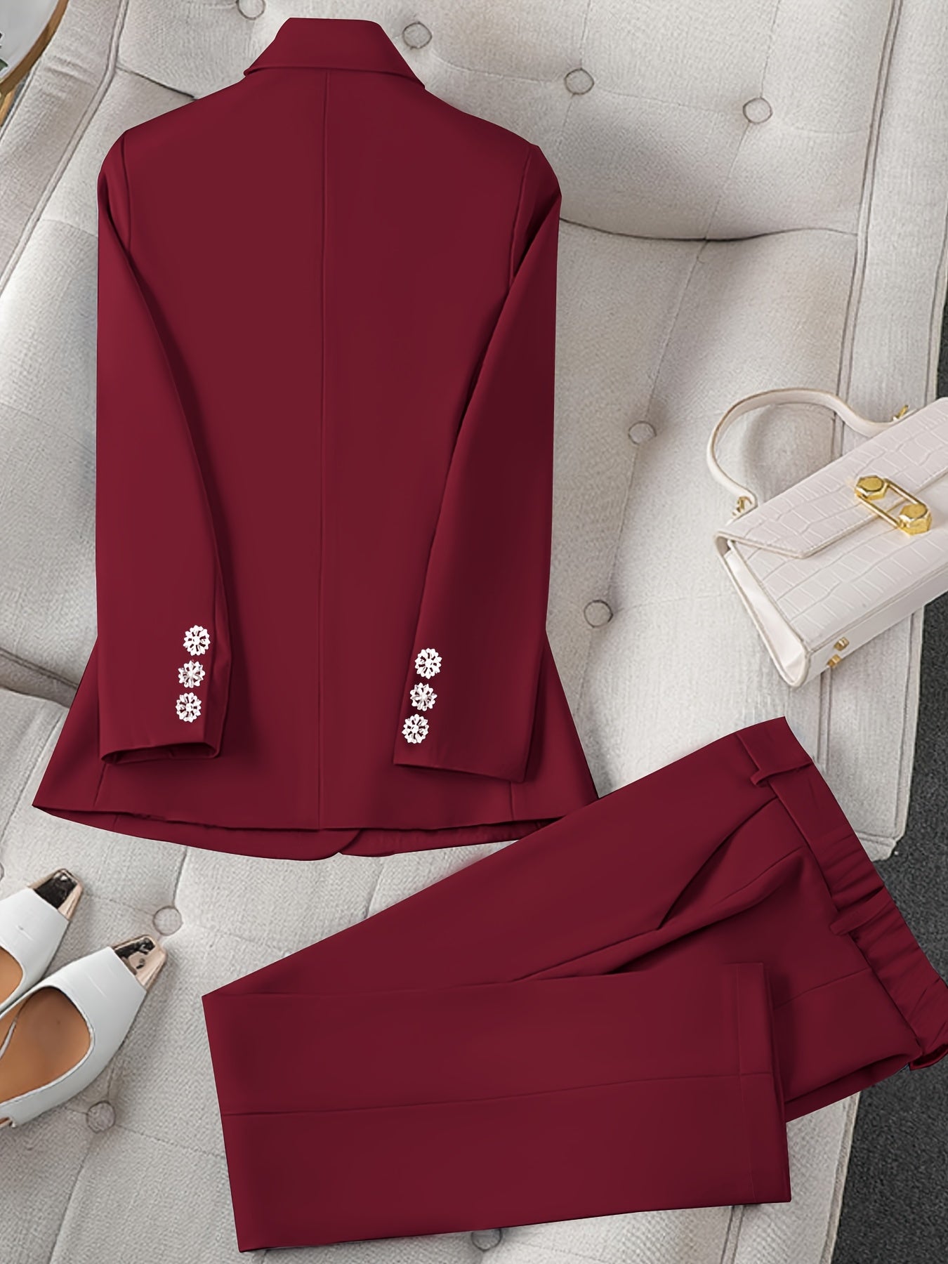 Women's 2pcs Rhinestone Embellished Suit Set, Elegant Lapel Blazer & Straight Pants, Black Formal Business Outfit for Work Party Wedding
