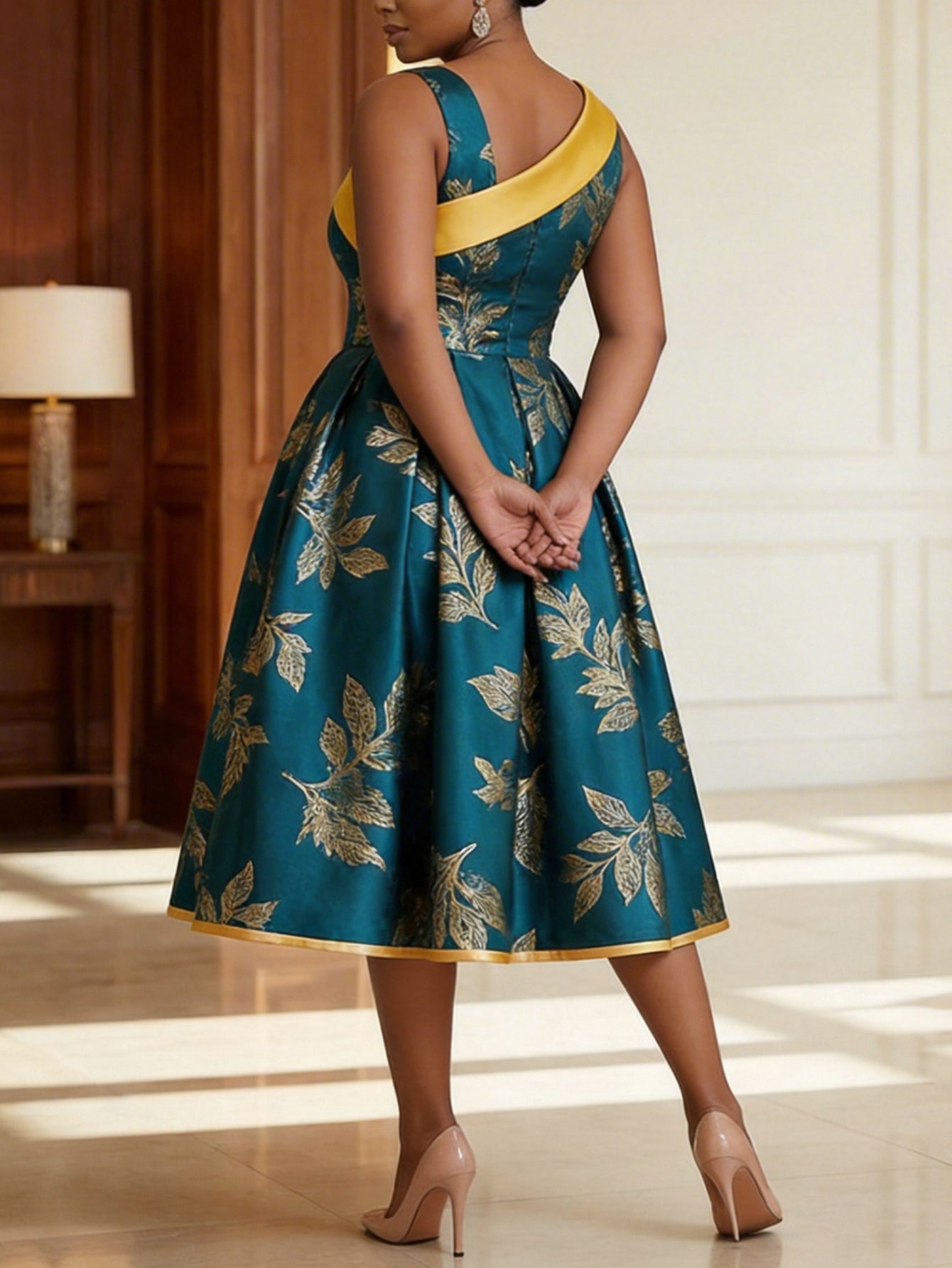 Plus Size, Plus Size Women's Spring-Summer Color-Block Waist-Fitted Dress | Leaf-Patterned Design Showcasing Exquisite Charm, Ideal for Light Dinner Occasions, Social Events & Exquisite Dates with Fashionable Looks
