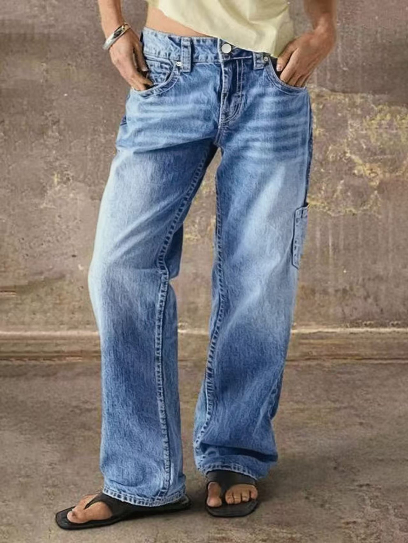 Women'S Spring New Retro Jeans, High-Waisted Loose Style, Multi-Pocket Washed Straight-Leg Denim Pants