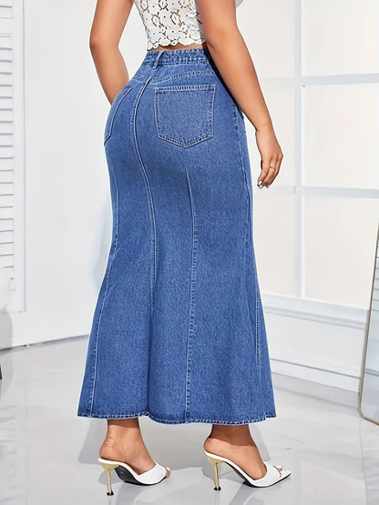 Women'S Light Blue Washed High-Waisted Stretchy Slim-Fit Mermaid/Fishtail Skirt - Elastic Waist Casual to Semi-Formal Skirt for Spring Summer Fall, Versatile Everyday & Special Occasion Outfits, Durable Comfortable Washable Fabric, Seasonal Wardrobe, Slim