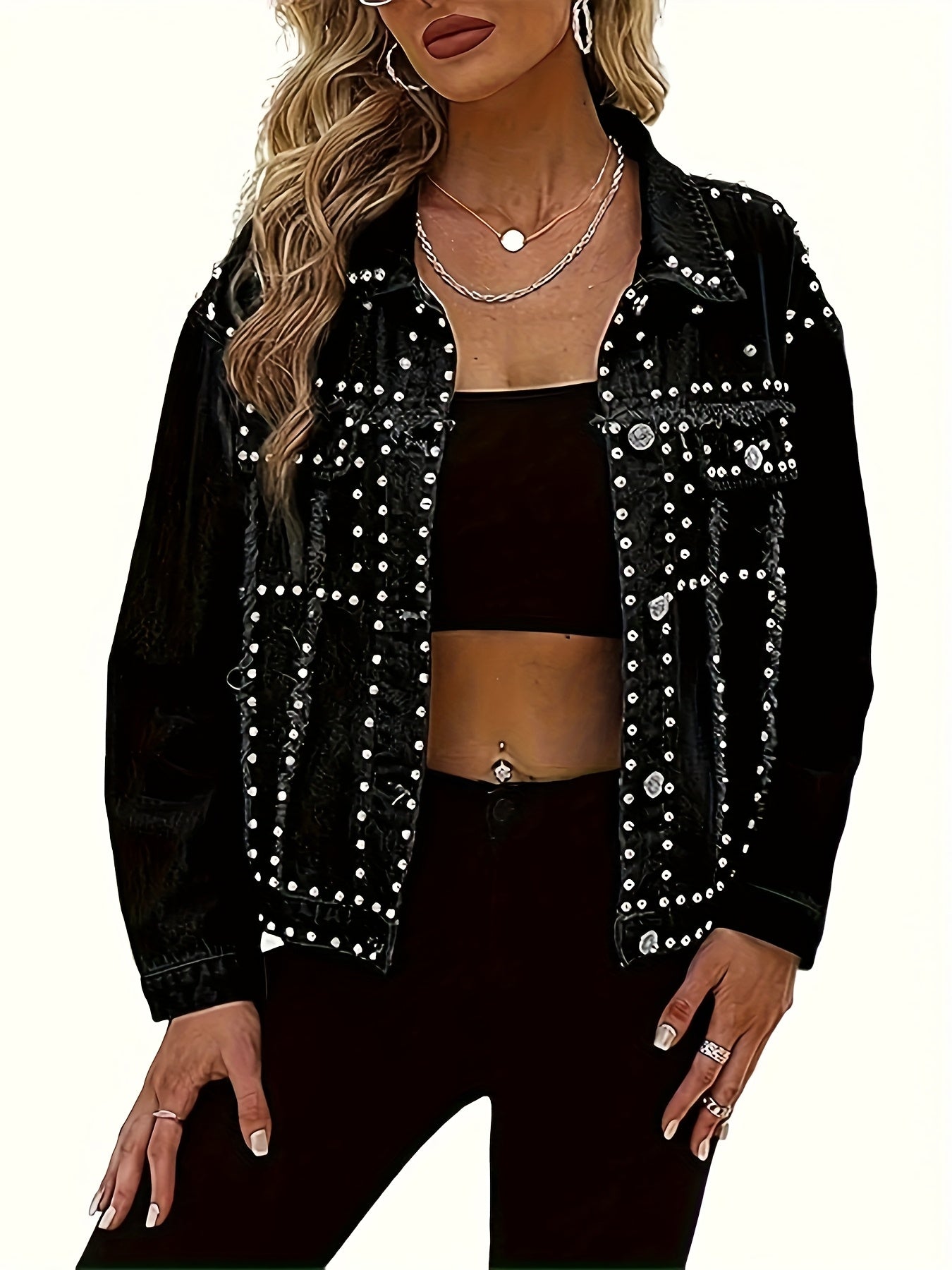 HME Autumn/Winter New Arrival - Studded Designer Women's Denim Jacket, Classic Colors, Non-Stretch Fabric Loose Fit, Comfortable and Elegant, All-Season Wear, Simple and Stylish Trendy Denim Biker Jacket, Heavy-Duty Washed Fabric, High Content