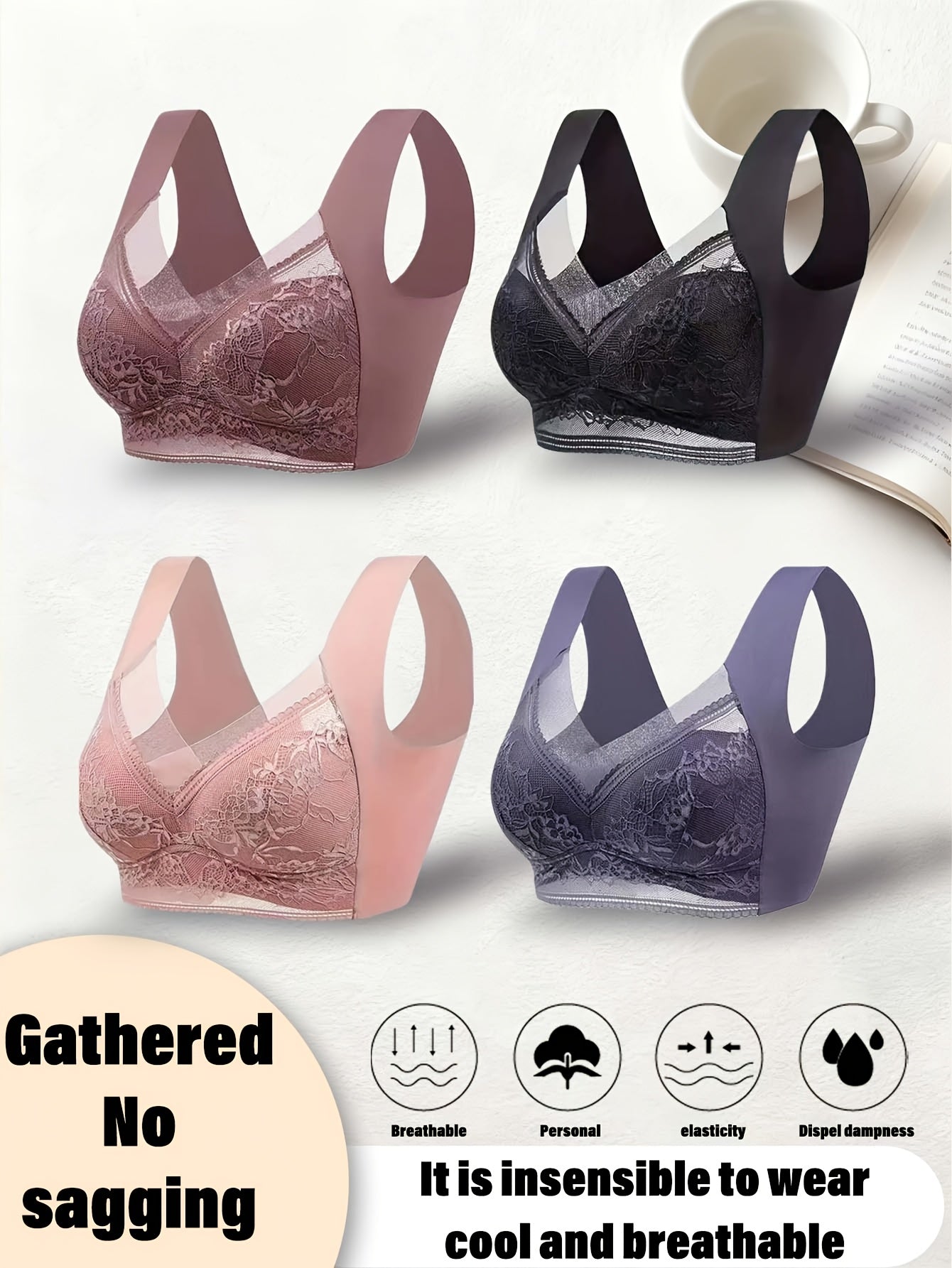 4pcs, Lace in Large Size, Vest with Traceless Ice Gathered Breathable Thin Style, Bra with Beautiful Back, Large Chest and Small Fixed Bra