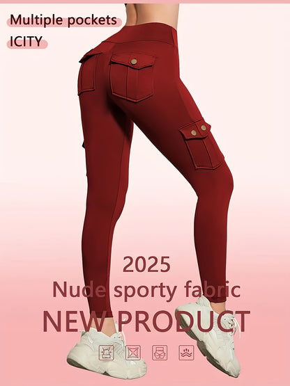 3-Pack Women'S High-Waisted Compression Leggings with Pockets, Suitable for All Seasons, Elastic Running And Sports Leggings, Button Design, Solid Colors (Black, Sky Blue, Gray, Pink, Red), Practical Flap Pockets, Comfortable Fabric