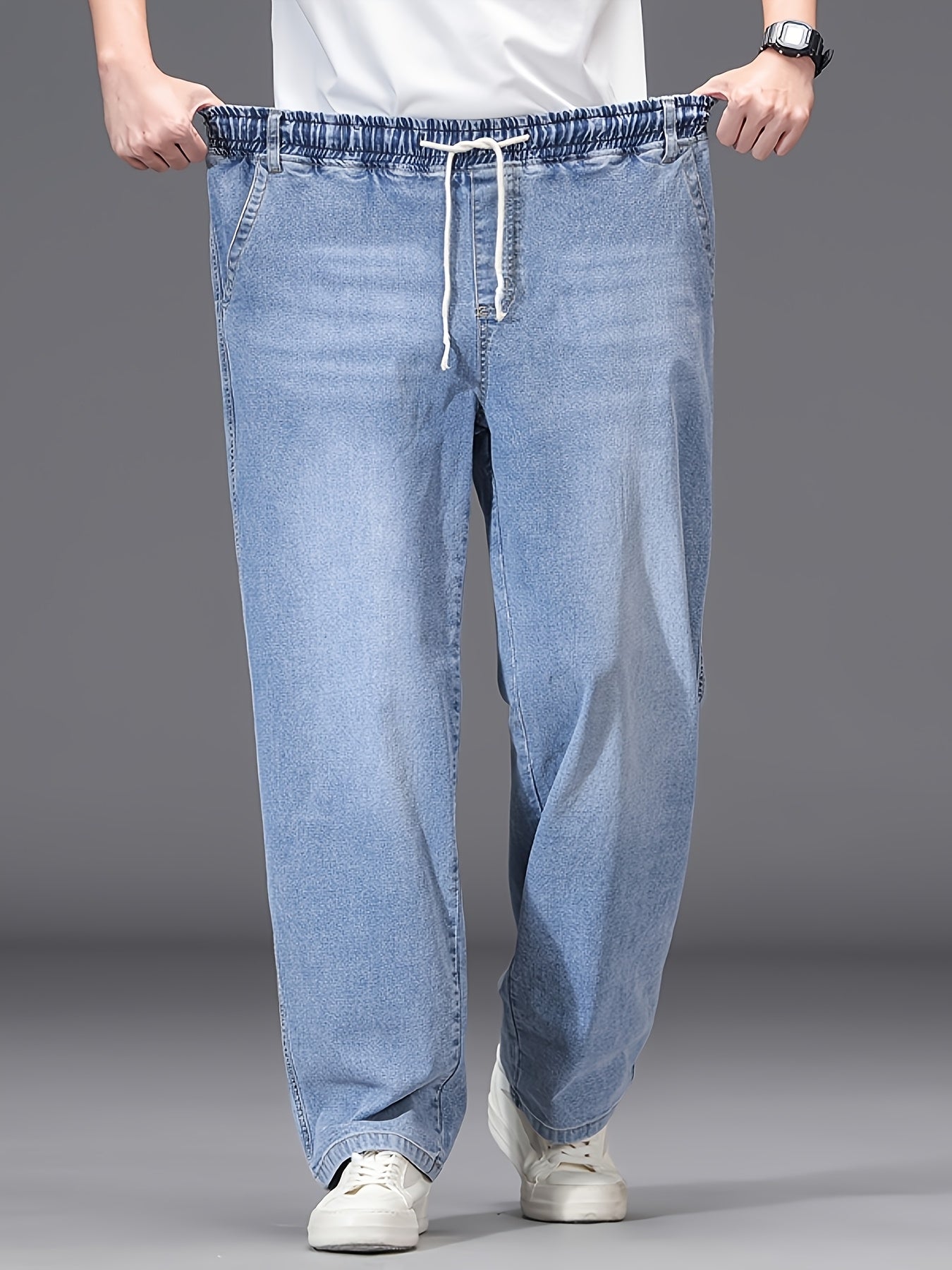 Large Size Jeans Men's Straight Leg Loose Fit Elastic Pants with Added And Extra Pants Elastic Waist Men's Simple And Versatile Denim Pants Men's Jeans Four Season Style, PLUS SIZE