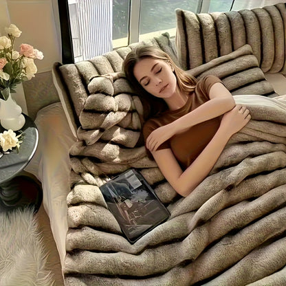 Faux Rabbit Fur Throw Blanket - Striped Double-Sided Flannel Back