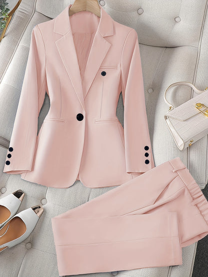 Women's Casual Two-Piece Set, Fashionable Business Style, Solid Color Long Sleeve Blazer And Pants, Polyester, Button-Up, Regular Fit, with Weekend Casual Wear
