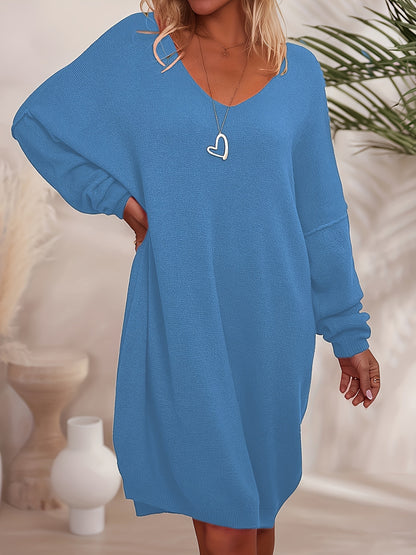 Plus Size - Plus Size - Casual V-Neck Dress, Women'S Plus Size Casual V-Neck Sweater Dress, Long Sleeve Loose Shoulder, Solid Color, Autumn And Winter