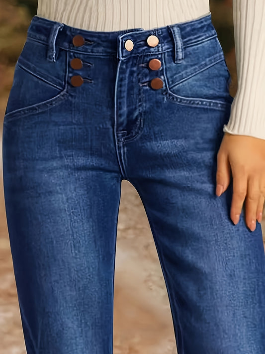 Women'S Elegant Stretch Flare Jeans - Vintage Blue Denim with Decorative Button Details, Mid-Rise, Bell Bottoms, Machine Washable, Fashion Denim|Stylish Denim|Stretch Denim Blend