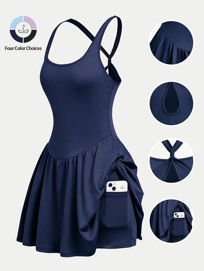 Womens Sleeveless 2-in-1 Athletic Tennis Golf Dress, Underneath Workout Dresses With Built-in Shorts Pocket, Workout Jumpsuits For Women Tummy Control With Double Lined Outfits.
