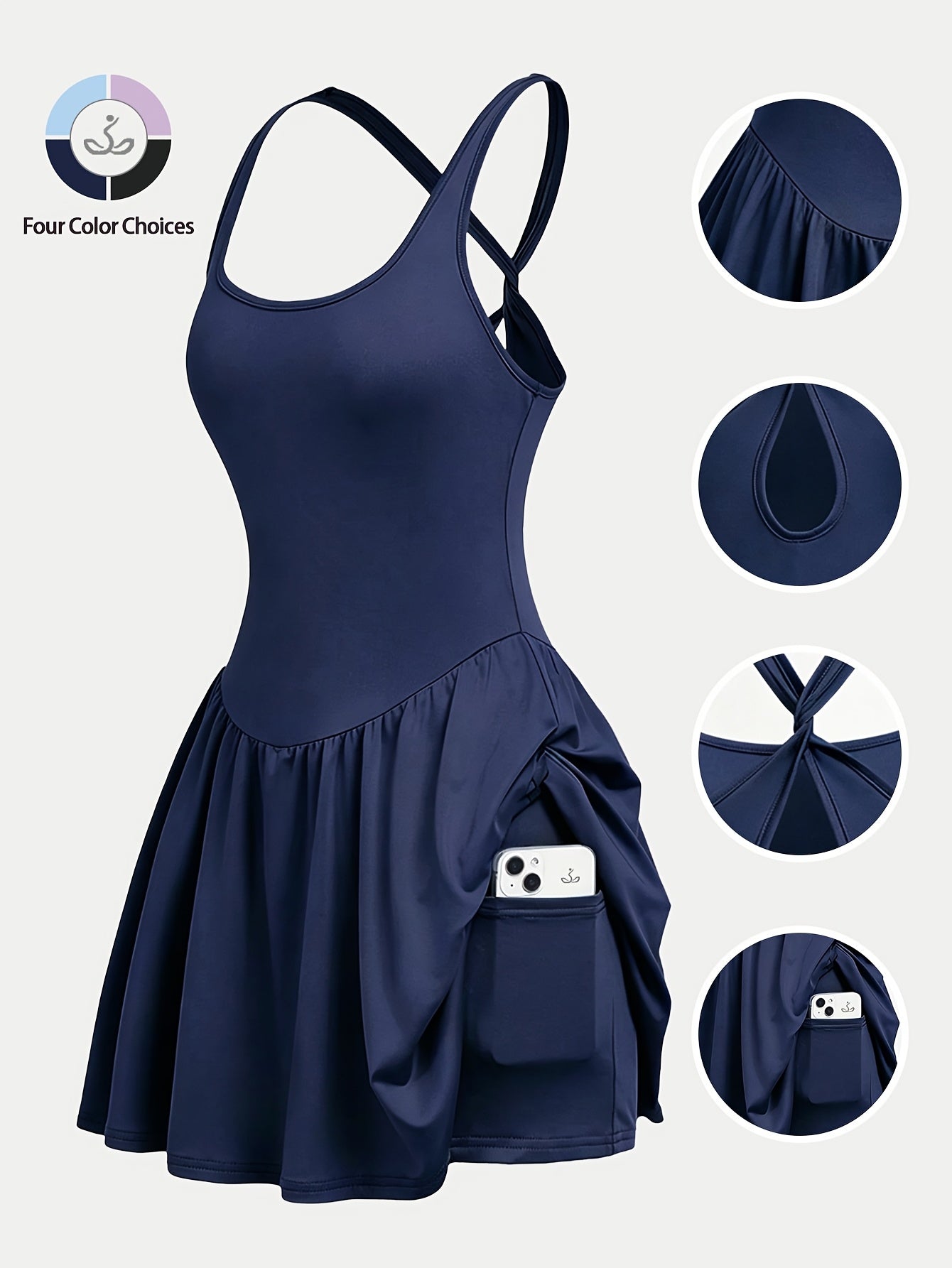 Womens Sleeveless 2-in-1 Athletic Tennis Golf Dress, Underneath Workout Dresses With Built-in Shorts Pocket, Workout Jumpsuits For Women Tummy Control With Double Lined Outfits.