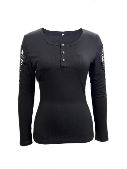 Women's Slim Fit Lace Sleeve Contrast Detail Button-Front T-Shirt - Solid Color Casual Chic Top, Machine Washable All-Season Versatile Wardrobe Staple, Versatile Fashion | Lace Detailed Tee | Quality Stitching, Lace Trim